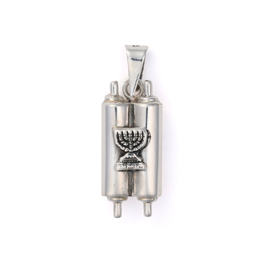 Sterling silver Torah charm with menorah design.
