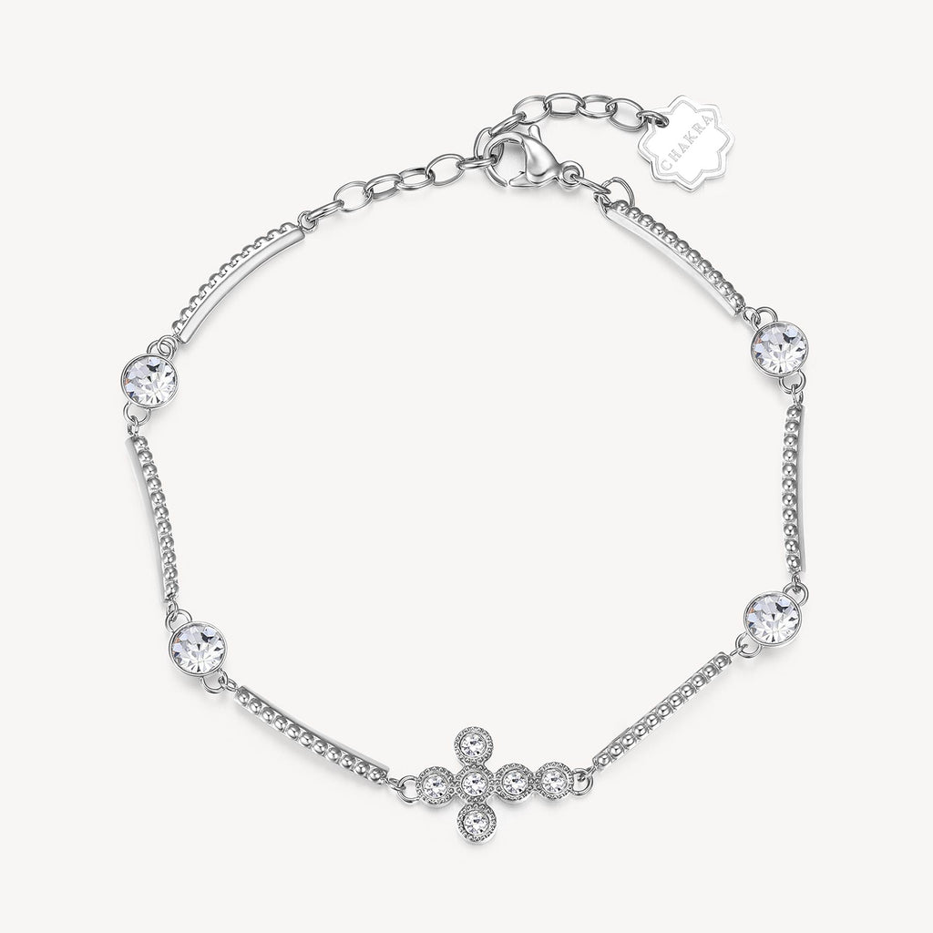 Stainless steel bracelet with cross design.