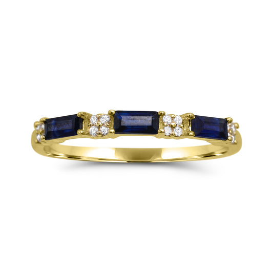 Baguette sapphire band with diamonds, yellow gold.