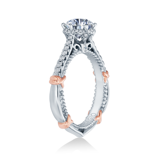 14K white-rose diamond halo engagement ring.