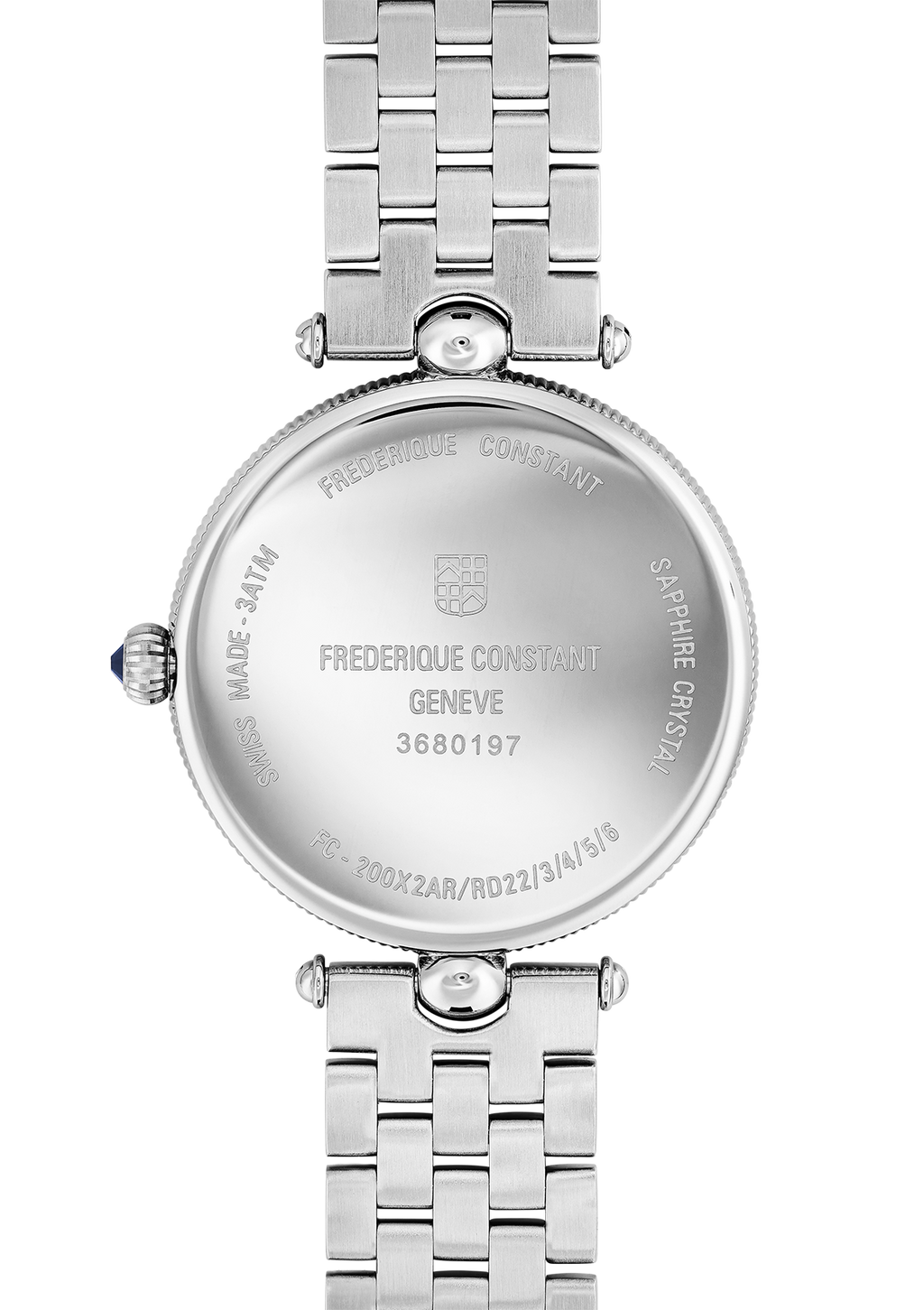 Engraved stainless steel watch back with bracelet.