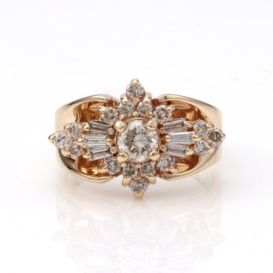 14K yellow gold ring with round diamond centerpiece.