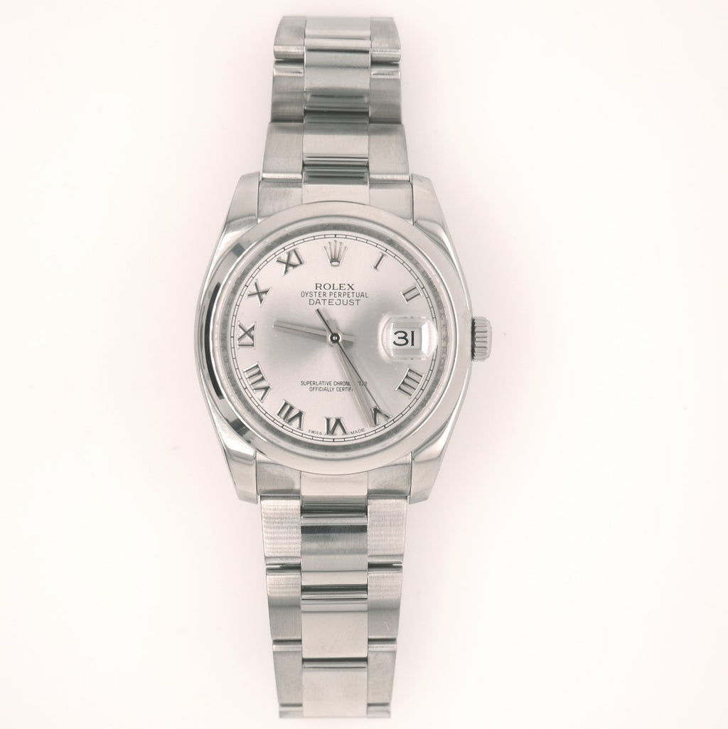 Stainless steel watch with silver dial.