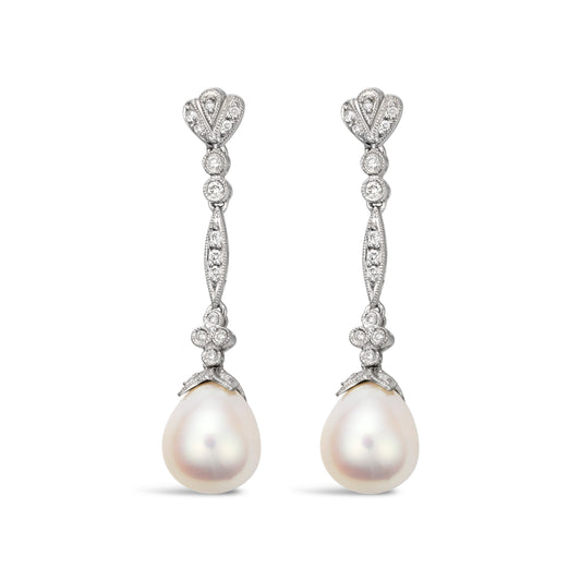 Dangle Natural Diamond Earrings in 18 Karat White White Cultured Pearls