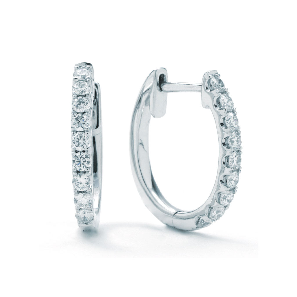 14K white gold diamond hoop earrings.