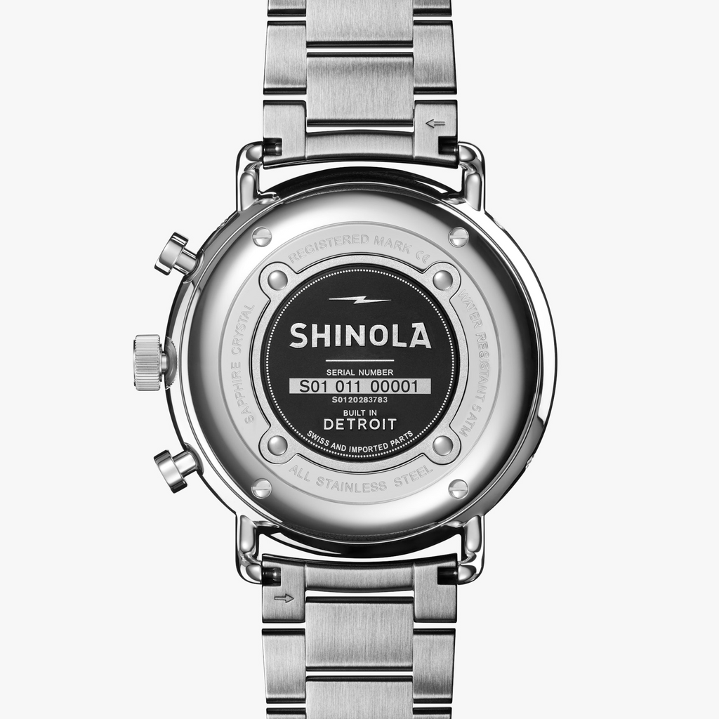 Stainless steel Shinola watch back view.