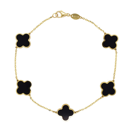 14K yellow gold bracelet with clover onyxes.