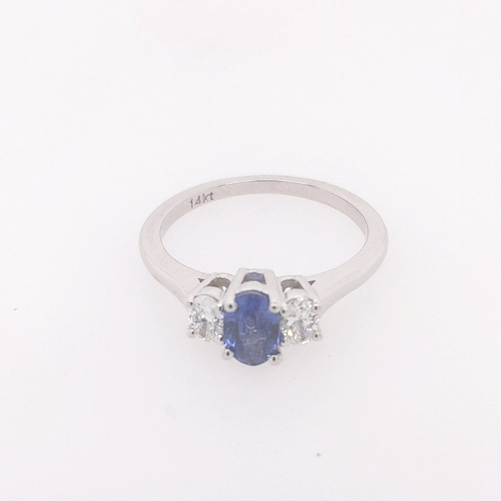 3-Stone Color Gemstone Ring in 14 Karat White with 1 Oval Sapphire 0.75ctw