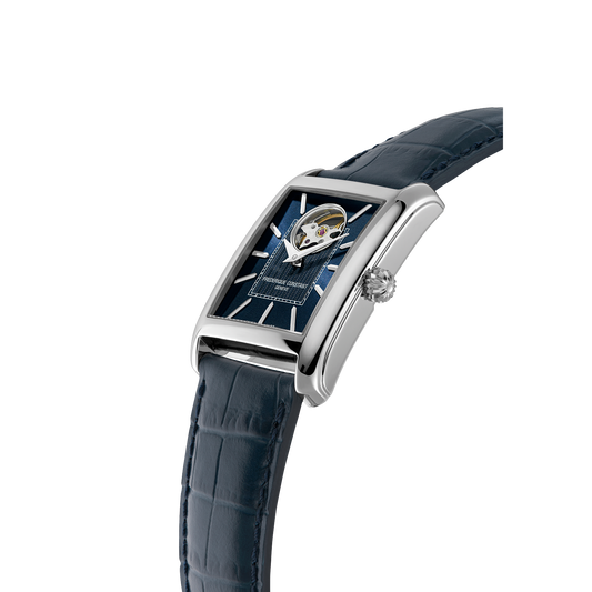 Blue dial stainless steel watch, calfskin band.