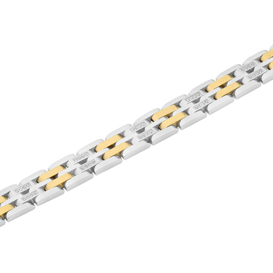 Stainless steel bracelet with yellow accents.