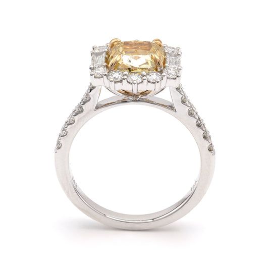 ADIRNYC JEWELRY Halo Side Stone Natural Diamond Complete Engagement Ring in 18 Karat White Gold with 1 Cushion Diamond, Color: Yellow, Clarity: SI2, totaling 2.01ctw
