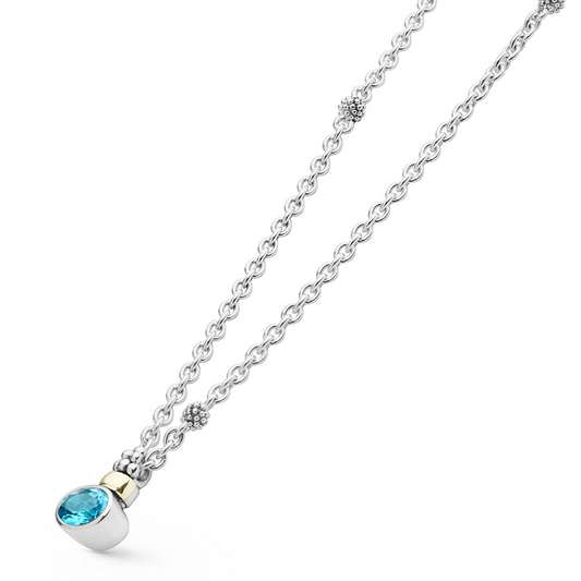 Pendant Lagos Signature Caviar Collection Color Gemstone Necklace in Sterling Silver White with 1 Oval Blue Topaz 8mm-8mm