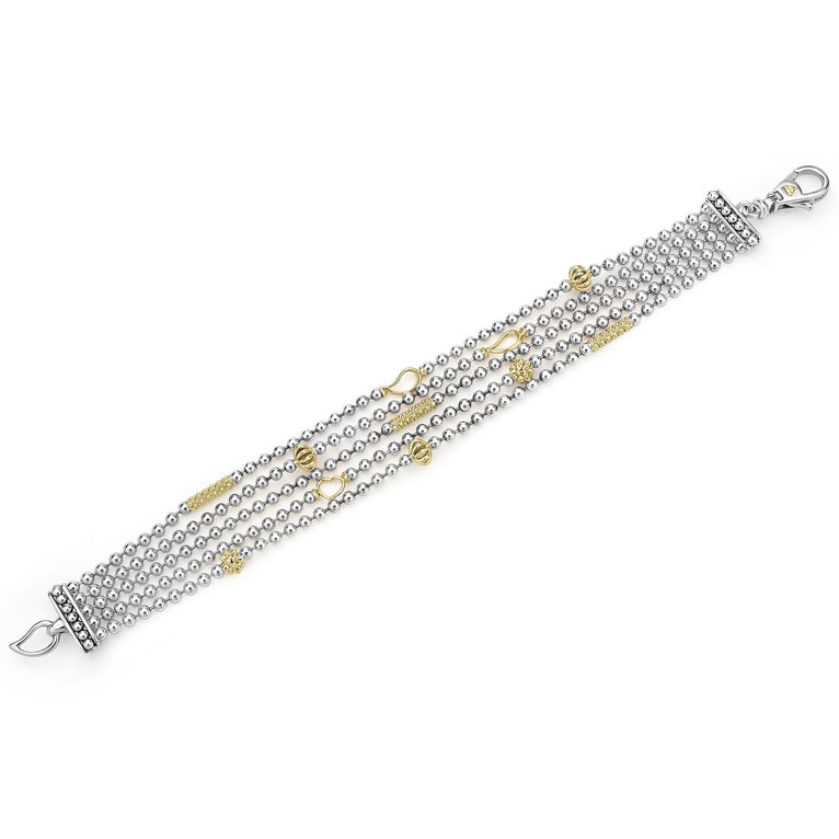 Sterling silver multi-strand bracelet with gold accents.