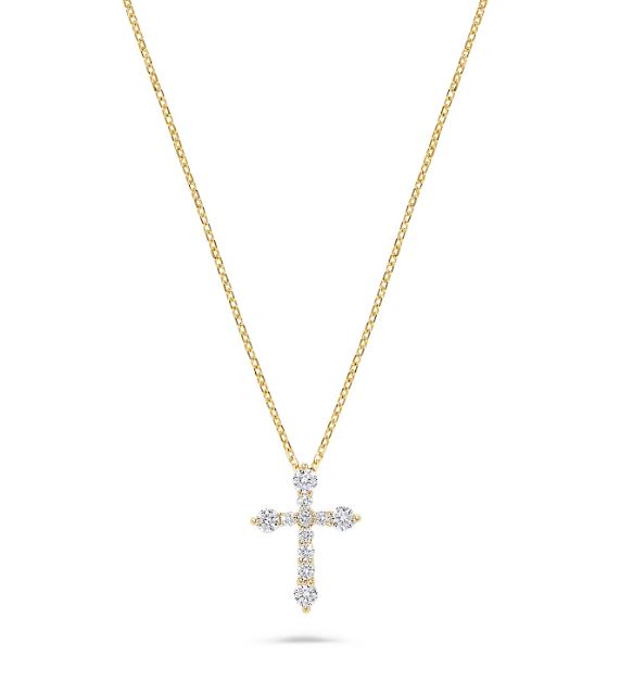 Natural diamond cross pendant on gold chain.