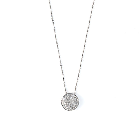 Diamond circle pendant on white gold chain.