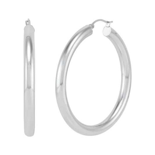 Polished 14K white gold large hoop earrings.