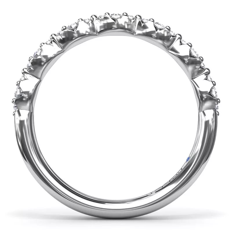14K white gold band with round diamonds.