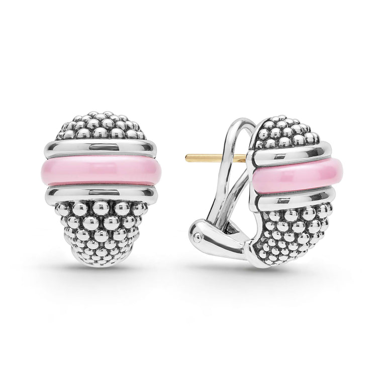 Sterling silver earrings with pink ceramic accents.