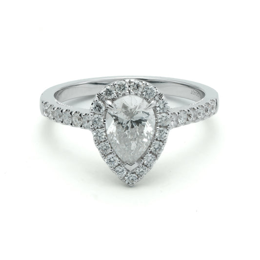 Halo Natural Diamond Complete Engagement Ring in 14 Karat White with 0.96ctw H I1 Pear Diamond