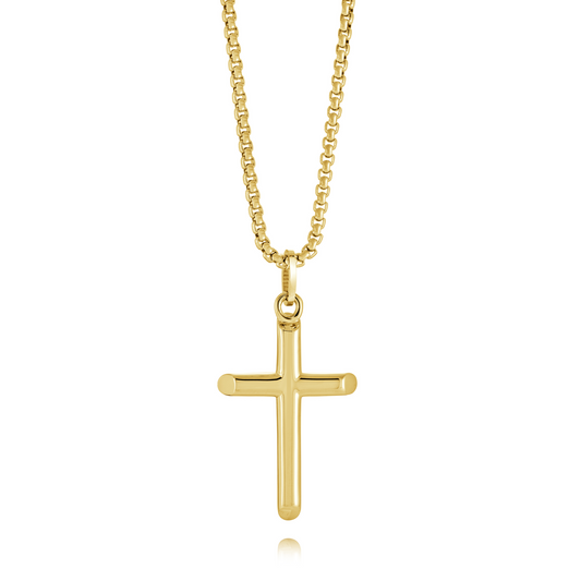Yellow stainless steel cross necklace, round box chain.