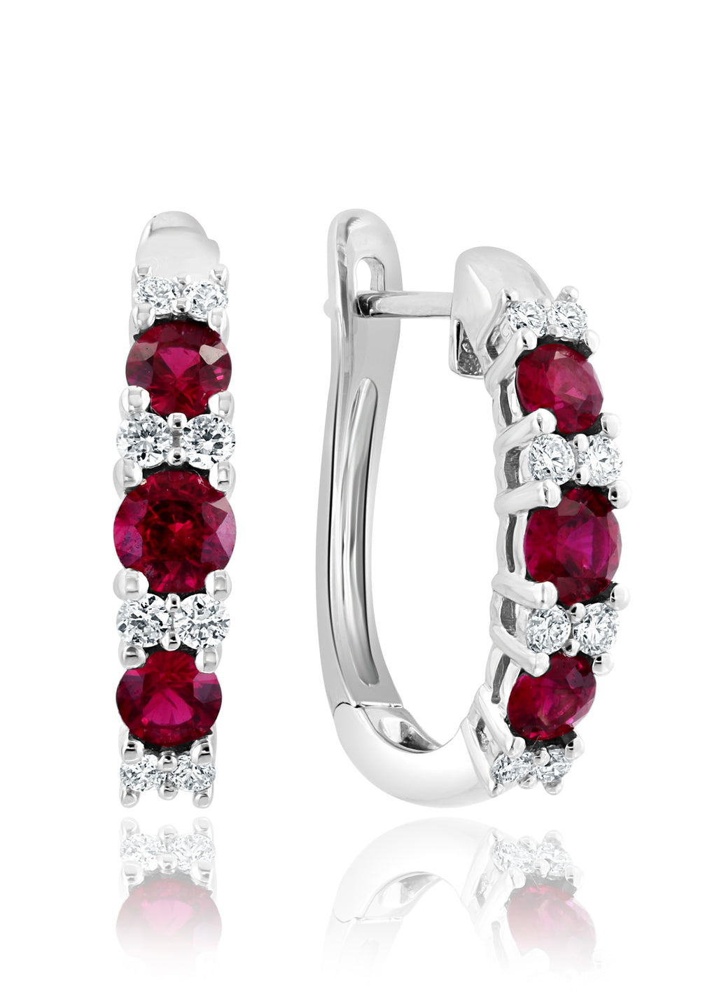 Small white gold hoop earrings with rubies.