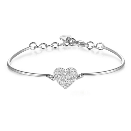 Heart-shaped simulated diamond bracelet in stainless steel.
