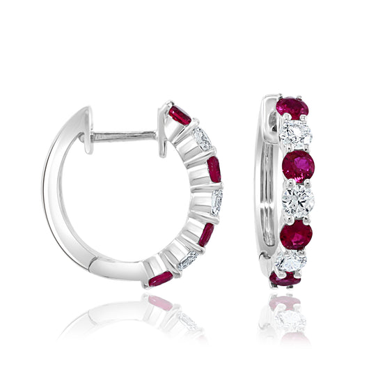 14K white gold hoop earrings, rubies, diamonds.