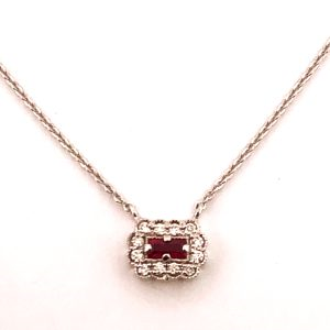 14K white gold necklace with ruby centerpiece.