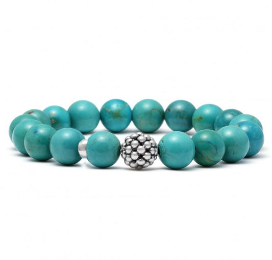 Maya Collection Bead Color Gemstone Bracelet in Sterling Silver White with 18 Round Turquoises 10mm