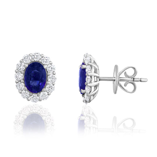 JEWELS BY JACOB Stud Color Gemstone Earrings in 18 Karat White with 2 Oval Sapphires 1.10ctw
