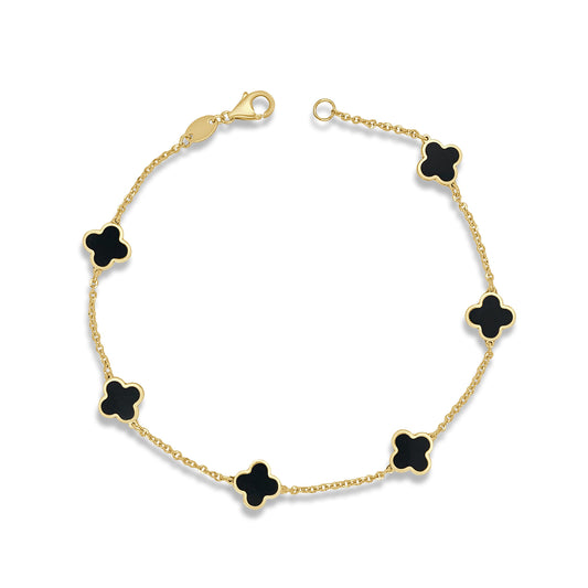 14K yellow gold bracelet with clover onyxes.