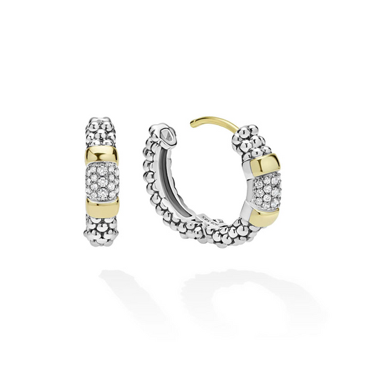 Lagos Signature Caviar Collection Huggie Natural Diamond Earrings in Sterling Silver - 14 Karat White - Yellow with 0.19ctw G/H SI1-SI2 Round Diamond