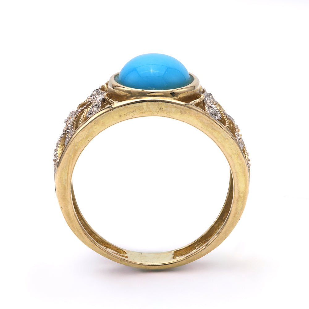 Yellow enamel ring with oval blue turquoise.