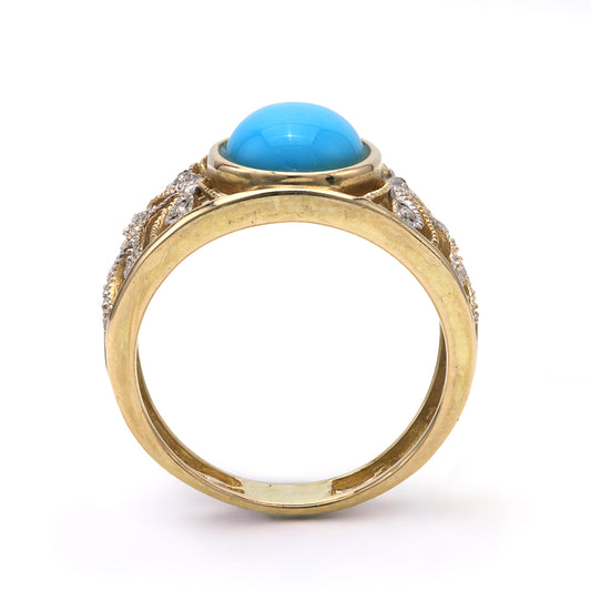 Yellow enamel ring with oval blue turquoise.