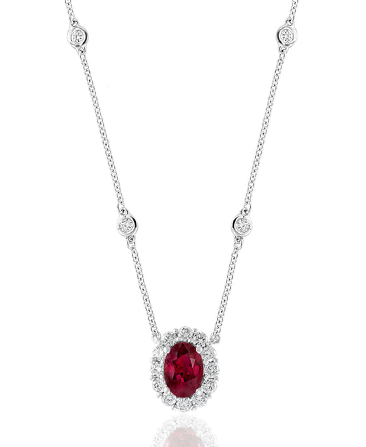 Pendant Color Gemstone Necklace in 18 Karat White with 1 Oval Ruby 0.71ctw