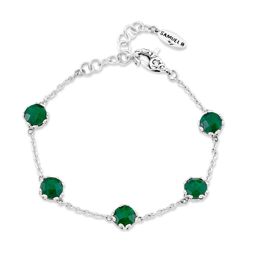 Station Color Gemstone Bracelet in Sterling Silver White with 5 Round Emeralds
