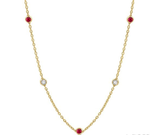 Station Color Gemstone Necklace in 14 Karat Yellow with 5 Round Rubies 2.85mm