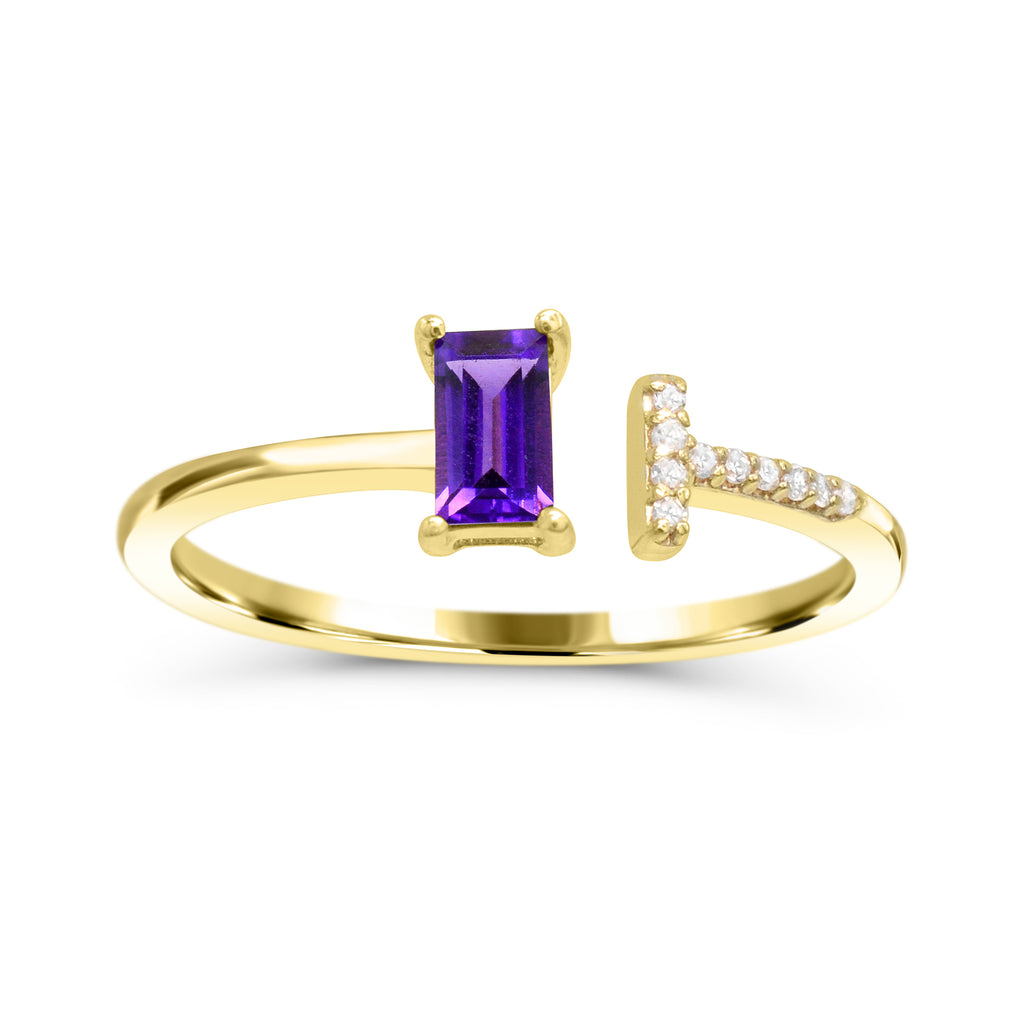 Baguette amethyst ring with diamonds.