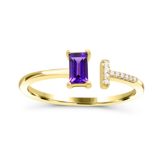 Baguette amethyst ring with diamonds.