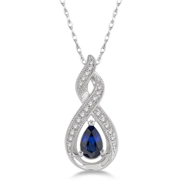 Pendant Precious Color Collection Color Gemstone Necklace in 10 Karat White with 1 Pear Sapphire 6mm-6mm