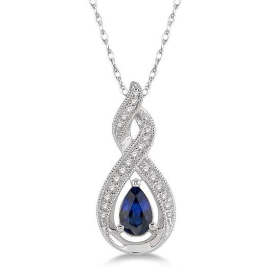 Pear sapphire necklace with diamond halo.
