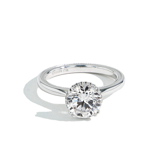 Solitaire Hidden Accent Halo Natural Diamond Semi-Mount Engagement Ring in 14 Karat White Round Diamond, totaling 0.13ctw