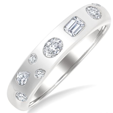 White gold ring with various diamond shapes.