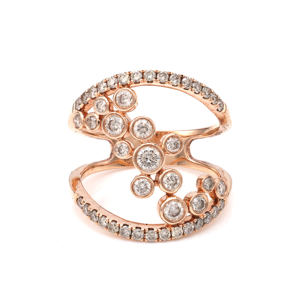 Rose gold ring with clustered round diamonds.
