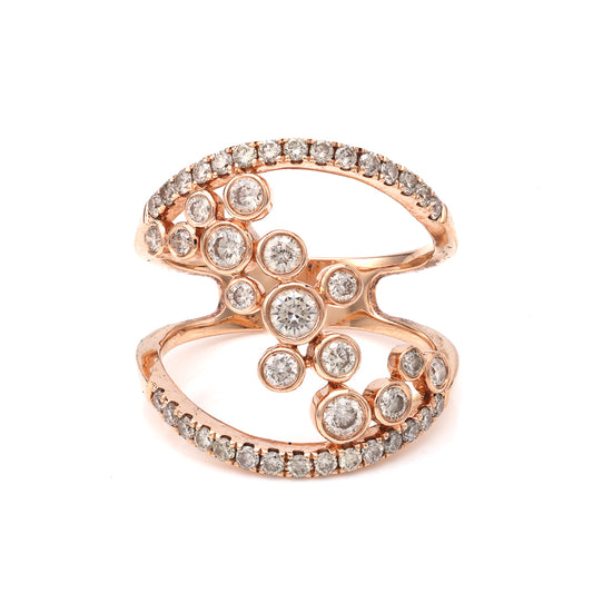 Rose gold ring with clustered round diamonds.