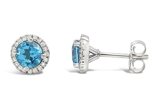 Stud Color Gemstone Earrings in Sterling Silver White with 2 Round Blue Topazs 5.2mm