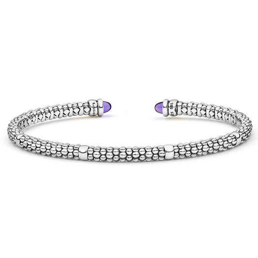 Lagos Signature Caviar Collection Cuff Color Gemstone Bracelet in Sterling Silver - 14 Karat White - Yellow with 2 Cabochon Amethysts