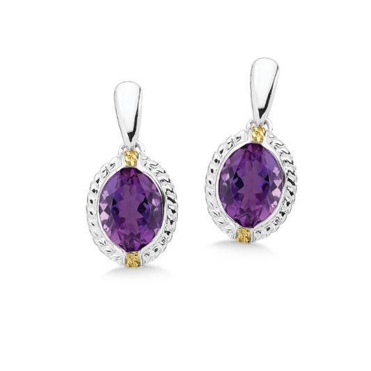 ReMARKable Designs Color Gemstone Earrings with 2 Oval Amethysts 8mm-6mm in Sterling Silver 18 Karat White Yellow