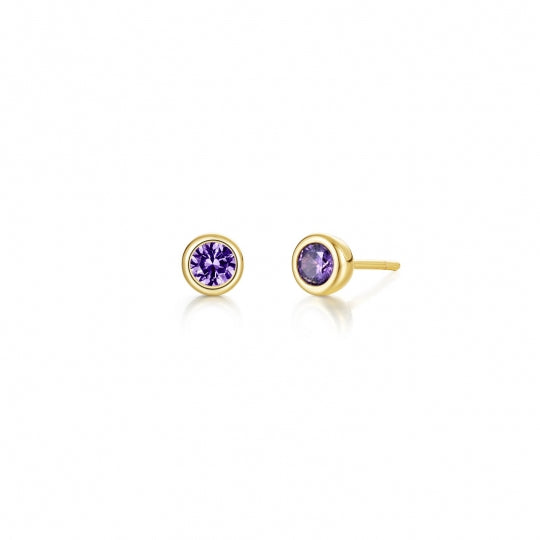 Round amethyst earrings in yellow sterling silver.