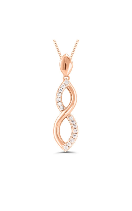 Rose gold infinity pendant with diamonds.